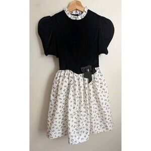 Vtg Ruth of Carolina Girls Formal Dress Black Velvet Puff Sleeve Classic Modest